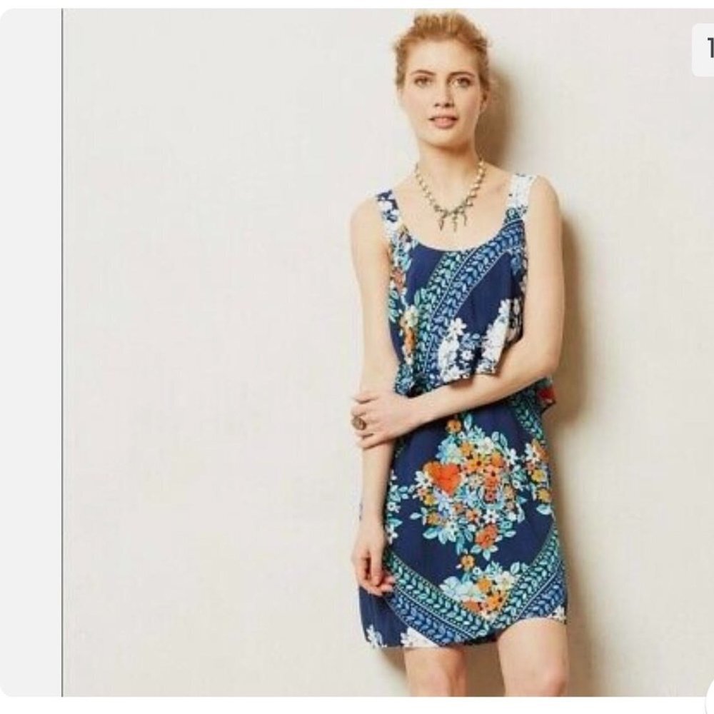 Maeve Anthropologie Blue Floral Flounce Detail Tisana Shift Dress